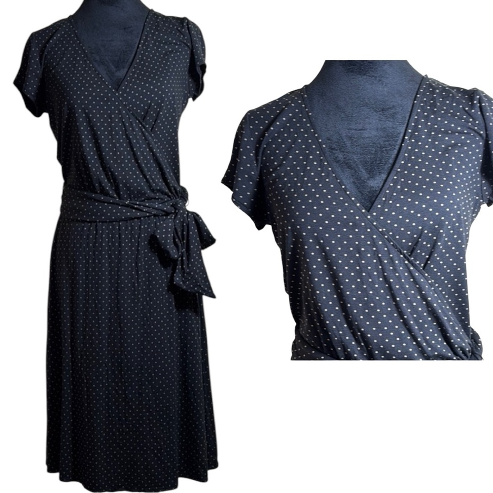New York & Company Dress Black Polka Dot Faux Wrap Midi in Size M NWT